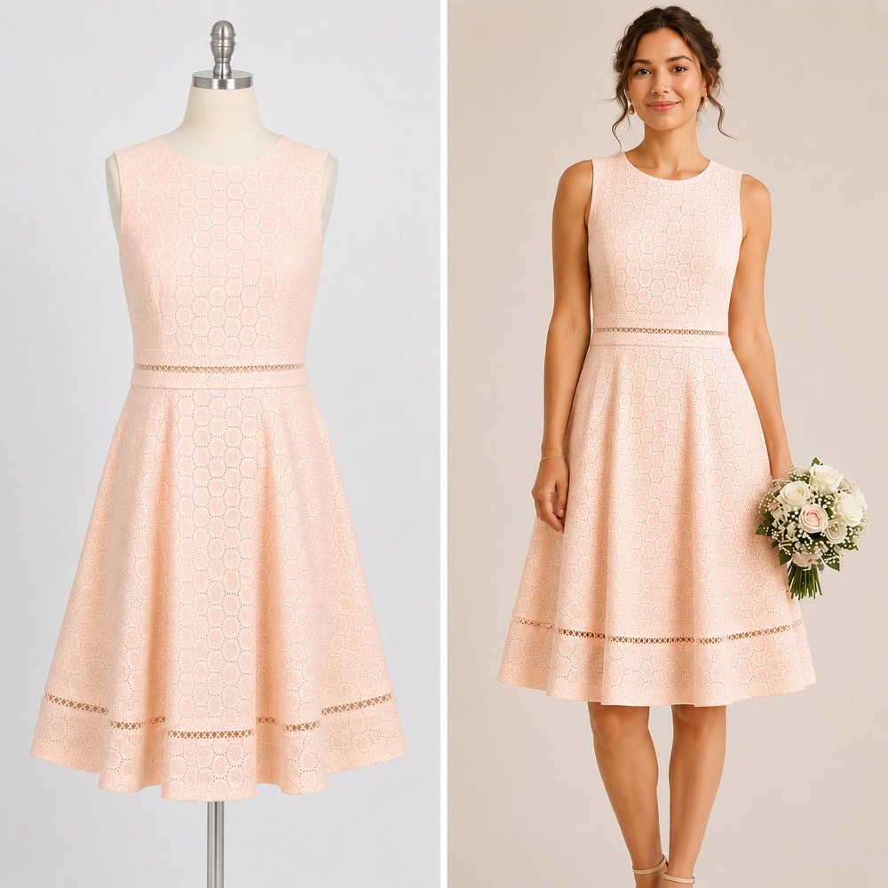 Calvin Klein Eyelet Lace Fit &‎ Flare Dress 2 Peach Cotton Sleeveless Brunch